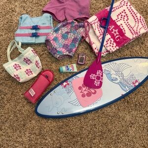 American Girl Surfboard Set with Pink and Blue Accessories
